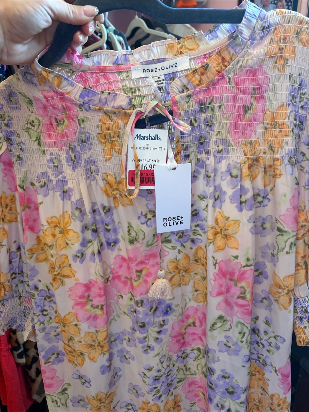 Rose & Olive Pink Lavender Yellow Floral Smocked Blouse size medium